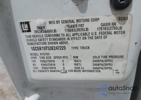 2003 Chevrolet Silverado 1500 Lt из США, поврежденный, VIN 1GCEK19T53E247220